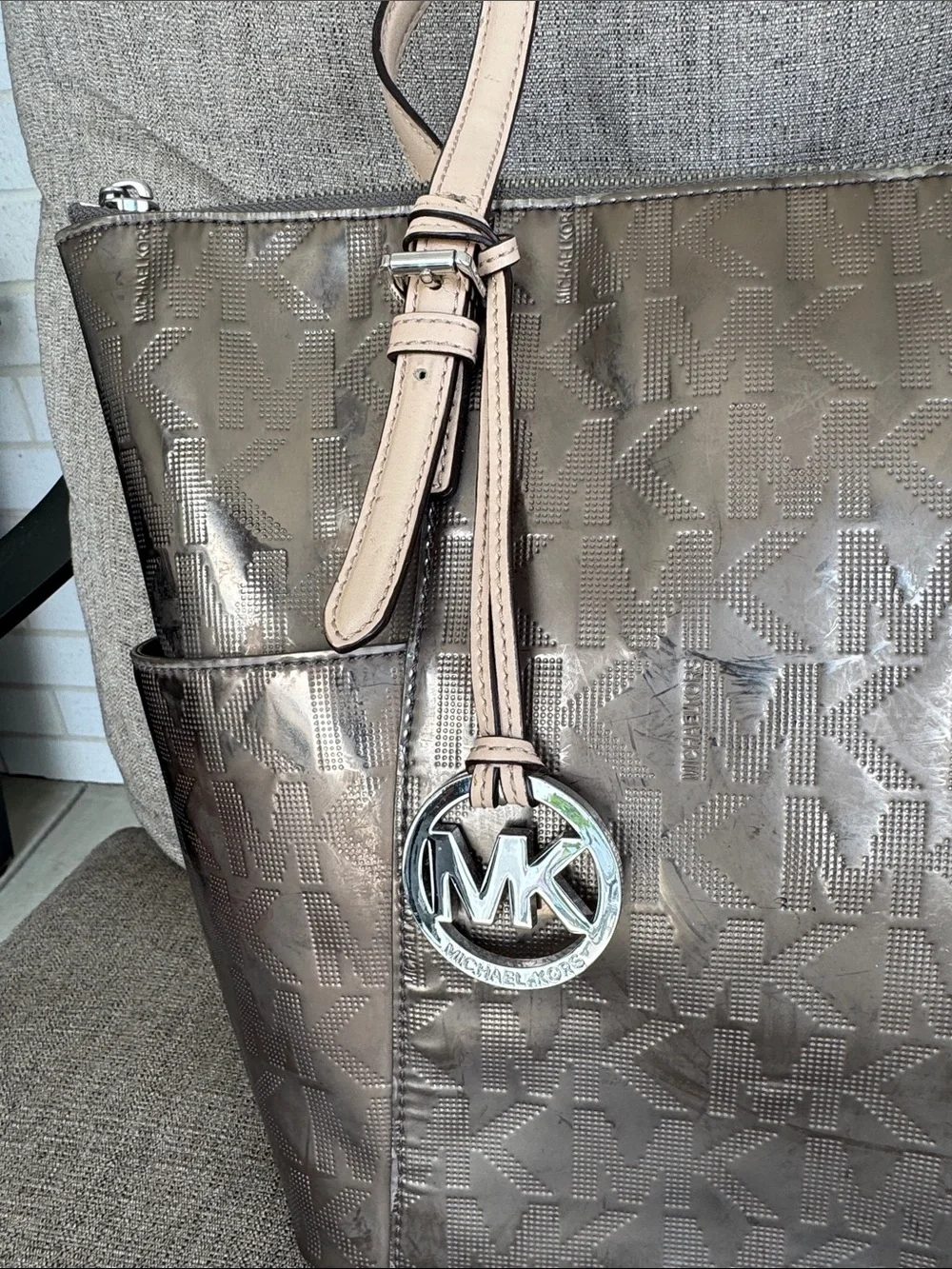 Michael Kors Metallic Bronze MK Tote with Tan Straps and Charm